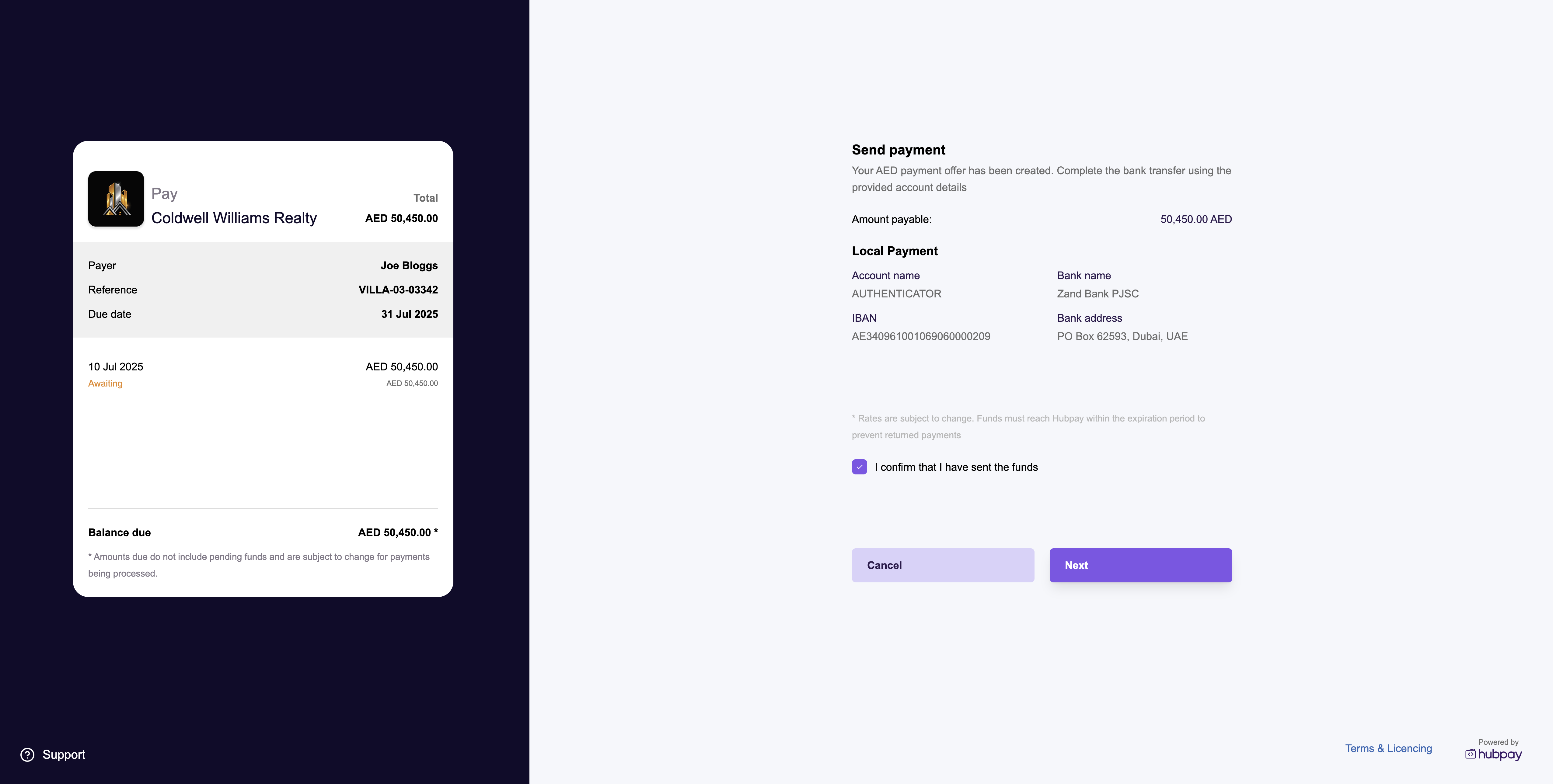 Bank account details for transfer