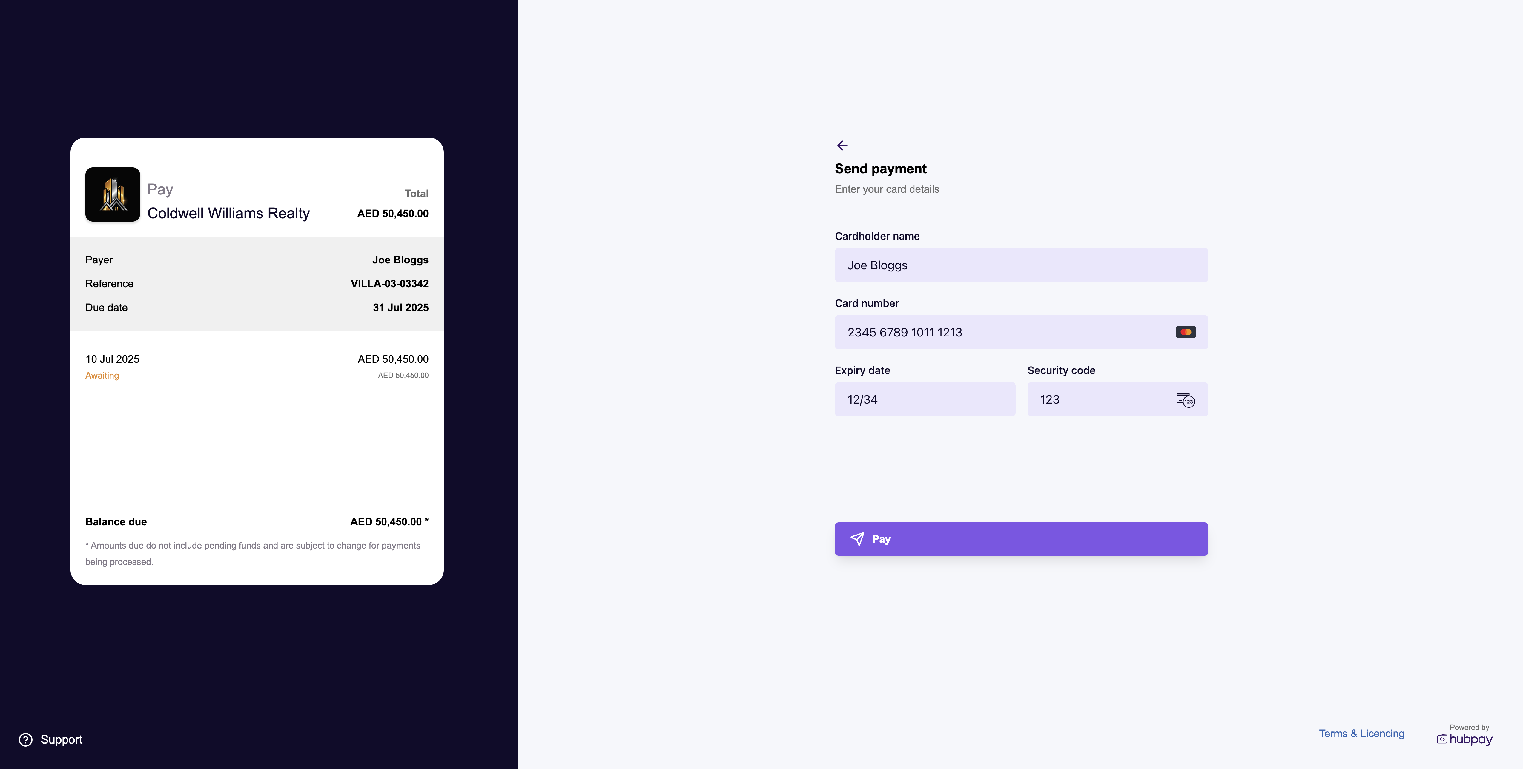 Entering card details for payment