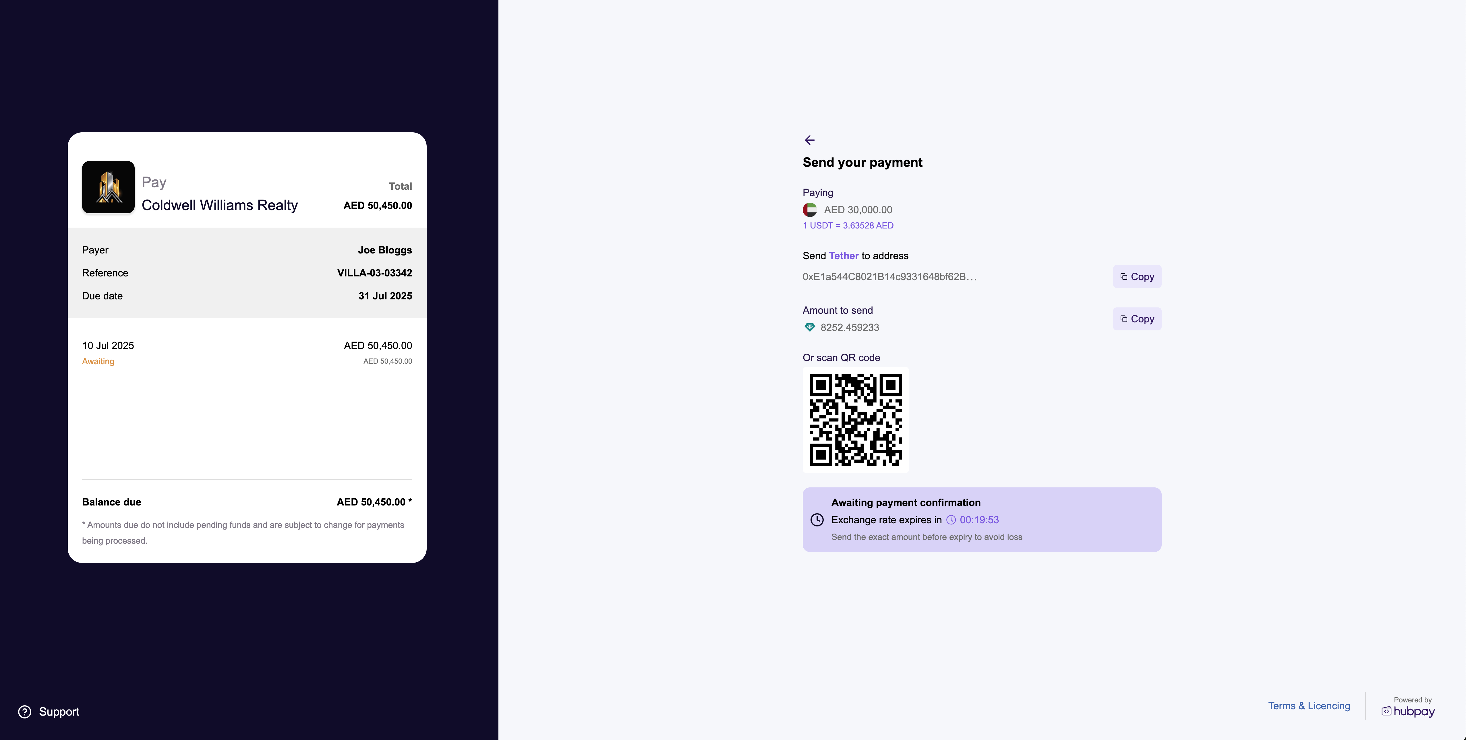 QR code and wallet address for crypto payment